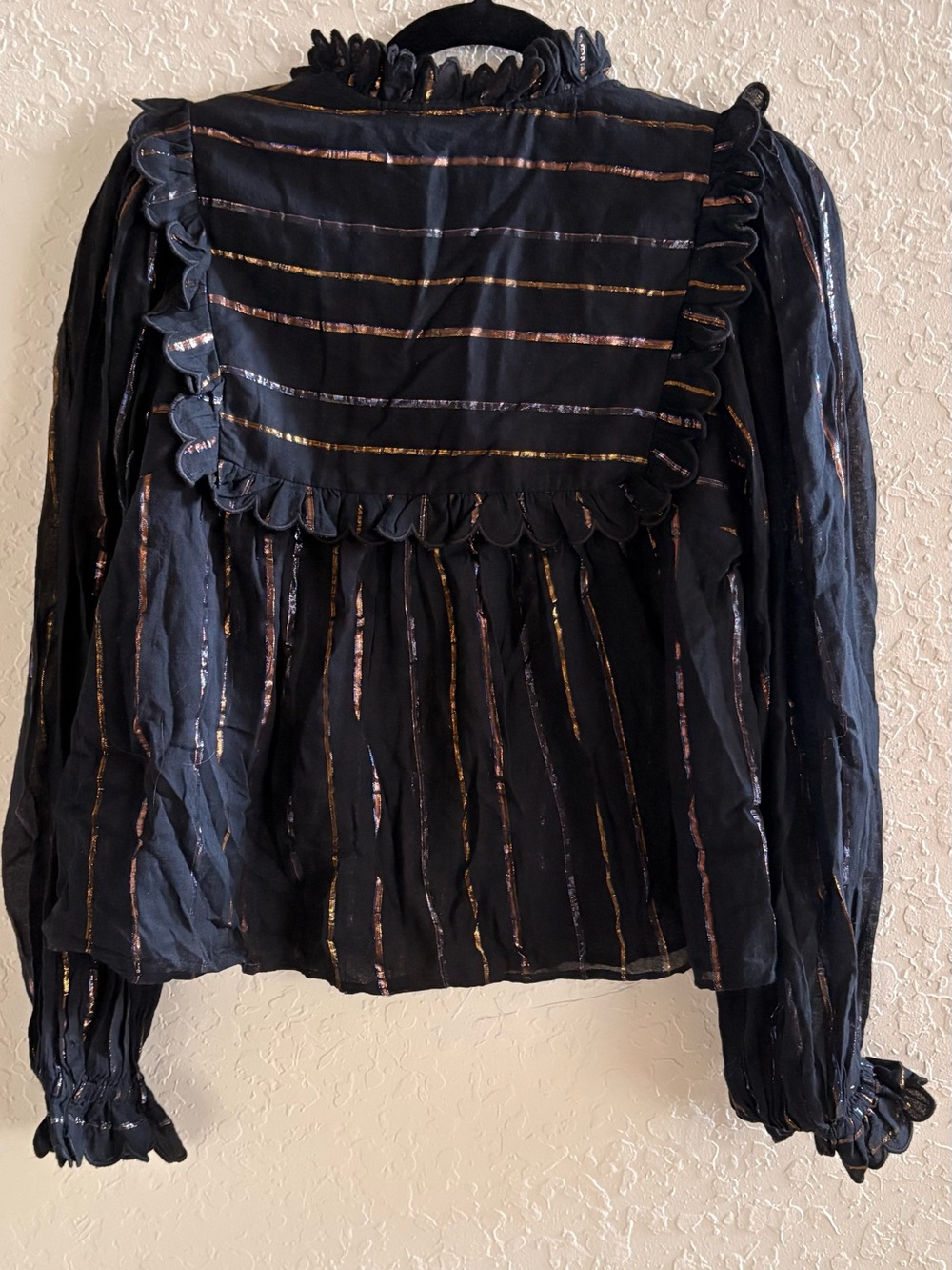 FARM Rio Black Metallic Stripe Ruffle-Yoke Blouse - Picture 5 of 9